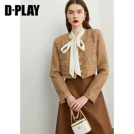 DPLAY【黑标】冬新款轻奢圆领金驼色编织金属链条粗花呢外套商品大图