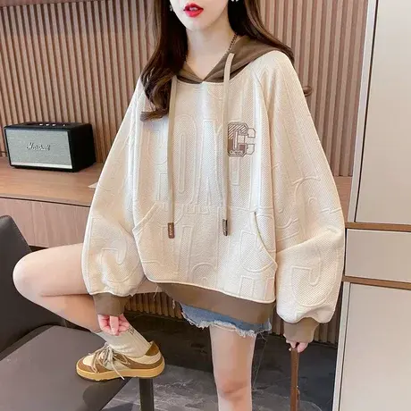 早秋装连帽卫衣女2023新款春秋季韩版宽松大码薄款撞色小个子外套图片