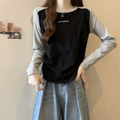 小个子短款正肩长袖T恤女春秋冬修身德绒打底衫内搭外穿拼色上衣商品大图