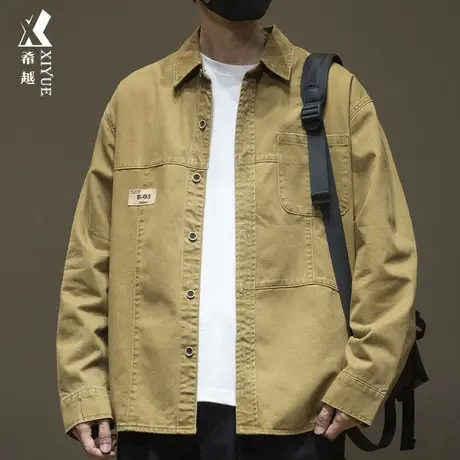 希越工装衬衫式外套男士卡其潮流复古水洗长袖衬衣春秋宽松大码男商品大图