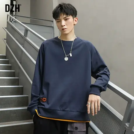 男士秋款外套2023新款无帽圆领假两件卫衣男春秋宽松潮流百搭潮牌图片