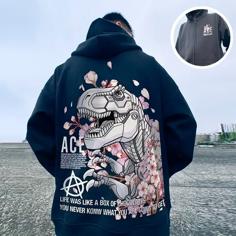 oversize潮牌胖子男装加绒拉链连帽外套夹克加肥加大码开衫卫衣潮图片