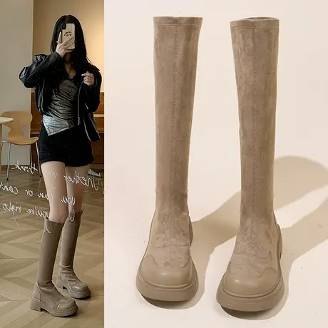 弹力瘦瘦靴绒面长筒靴女小个子2023新款秋法式复古长靴高筒骑士靴图片