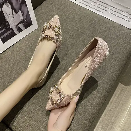 永希女鞋小香风韩版水钻方扣高跟鞋女2024年春秋新款尖头低跟单鞋图片