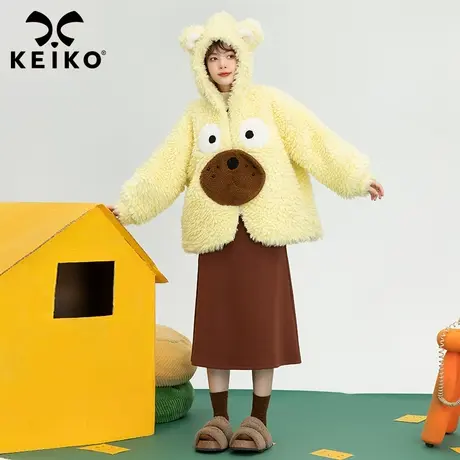 可爱小熊贴布绣花羊羔毛外套女2022冬季新款小个子连帽毛绒棉服商品大图