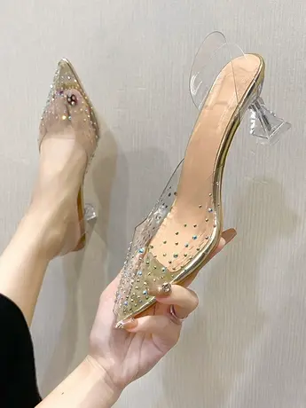 2023秋季新款粗跟水晶鞋仙女风透明包头法式少女百搭尖头高跟鞋潮商品大图