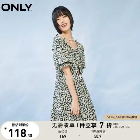 ONLY奥莱夏季时尚钻石领收腰A字裙泡泡袖短款连衣裙女图片