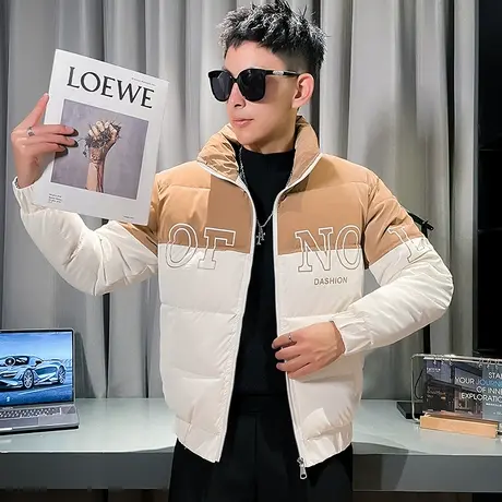 棉衣男冬款个性拼色字母印花棉袄潮牌宽松加厚立领工装棉服外套图片