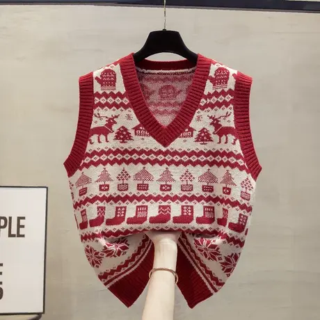 红色v领针织马甲背心女2025春秋新款宽松外穿马夹叠穿毛衣坎肩潮商品大图