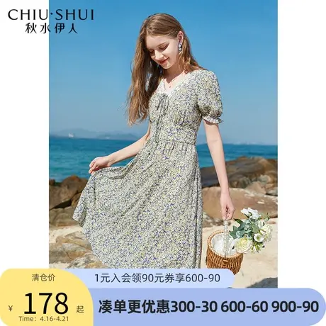 秋水伊人2022年夏装新款女装清新碎花蕾丝拼接法式连衣裙女图片