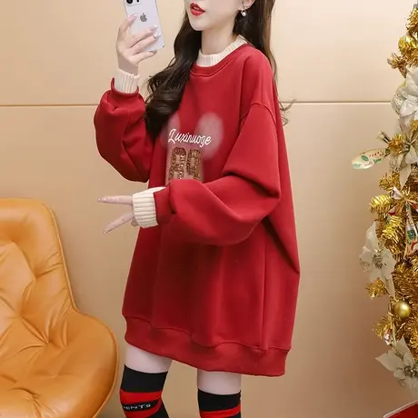 加绒加厚卫衣女中长款打底衫冬季2023新款宽松假两件显瘦百搭上衣商品大图