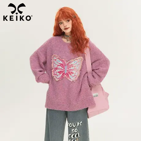 KEIKO 软糯绒感蝴蝶花毛衣女冬季温柔风玫粉色圆领宽松加厚针织衫图片