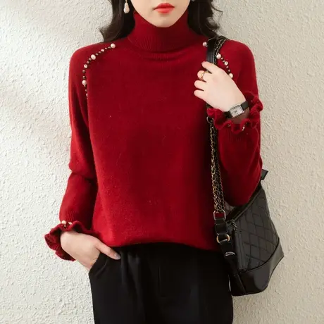 53161新款韩版宽松长袖纯色钉珠打底女高领针织衫女士百搭毛衣图片