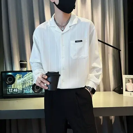 2023年秋季时尚竖条纹长袖衬衫男小众简约设计感INS潮牌宽松衬衣图片