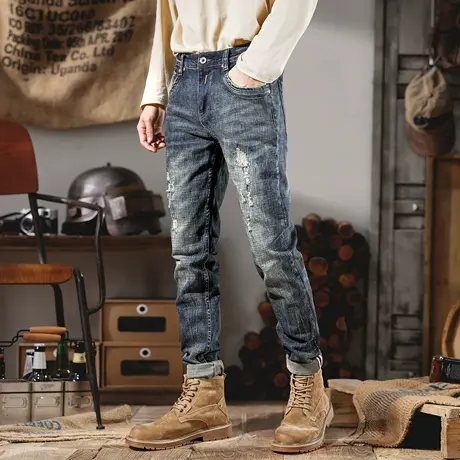复古潮牌破洞牛仔裤男款弹力修身小脚裤美式做旧水洗耐磨潮流裤子图片
