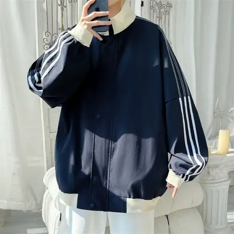 条纹撞色夹克男春秋季美式复古vibe棒球服宽松潮牌慵懒风痞帅外套商品大图