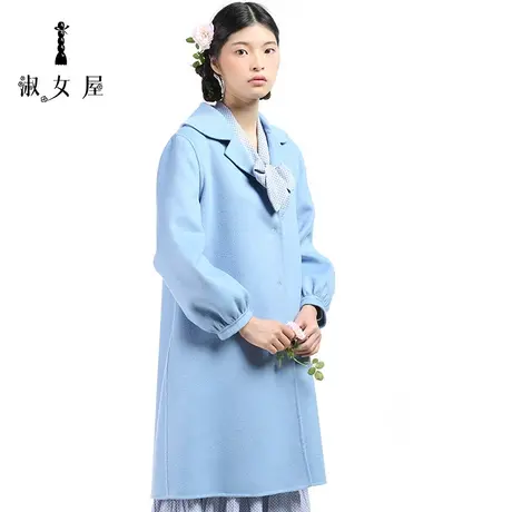 淑女屋旗舰店官网粉蓝小姐中长款双面呢廓形西装领毛呢大衣外套女商品大图