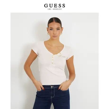 GUESS女士排扣纯色简约百搭v领修身T恤-W4RP47K1814商品大图