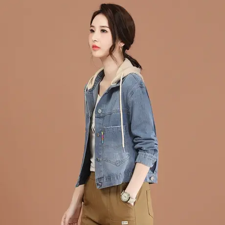 韩潮袭人连帽拼接休闲牛仔短外套女2024春季新款百搭显示夹克上衣商品大图