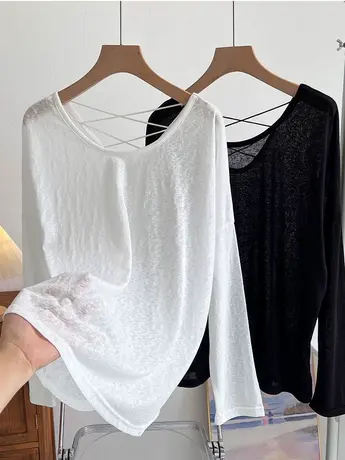 设计感竹节棉美背透视防晒罩衫空调衫女夏季新款露背宽松长袖上衣商品大图