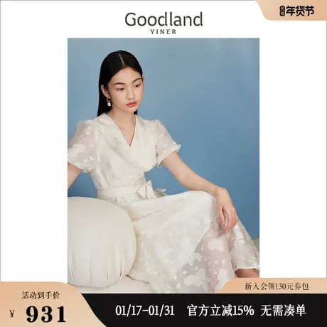 Goodland美地2023法式V领提花蛋糕袖显瘦收腰飘带连衣裙图片