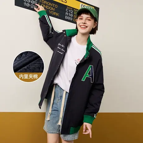 a02冬款2023撞色拼接设计棒球服复古风个性百搭女式棉衣商品大图