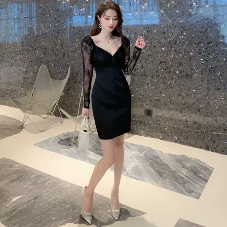 低胸小礼服修身包臀短赫本风小洋装性感大V领镂空拼接蕾丝连衣裙商品大图