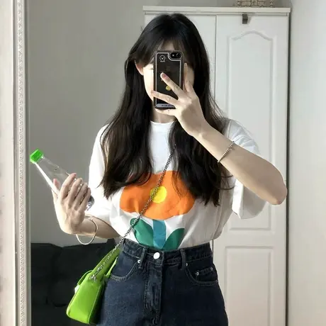 纯棉日系花朵设计感短袖t恤女ins潮牌夏季宽松韩版港味chic上衣服图片