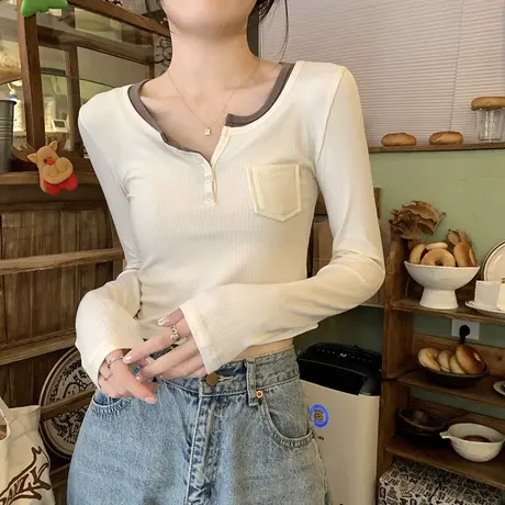 撞色假两件设计感针织打底衫女2023新款春秋修身内搭长袖t恤上衣商品大图