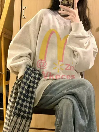 圆领卫衣女秋季薄款宽松潮牌美式复古港味chic小众设计感套头上衣商品大图