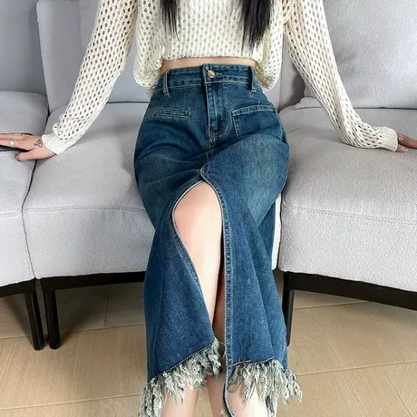 复古开叉流苏牛仔半身裙女春夏新款高腰显瘦小个子毛边辣妹a字裙图片