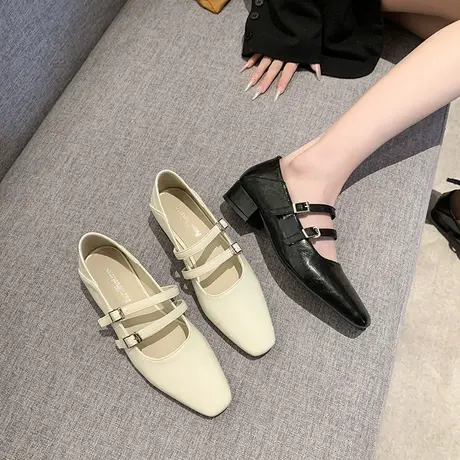 法式玛丽珍鞋女2024春夏季新款复古百搭浅口单鞋配裙子粗跟小皮鞋商品大图