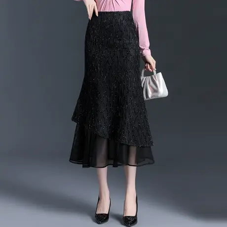 气质小香风拼接鱼尾裙女春季2024新款高腰修身包臀半身裙中长裙子图片