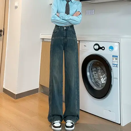 水泥灰阔腿牛仔裤女春秋季2024春季新款加绒宽松小个子高腰直筒裤商品大图