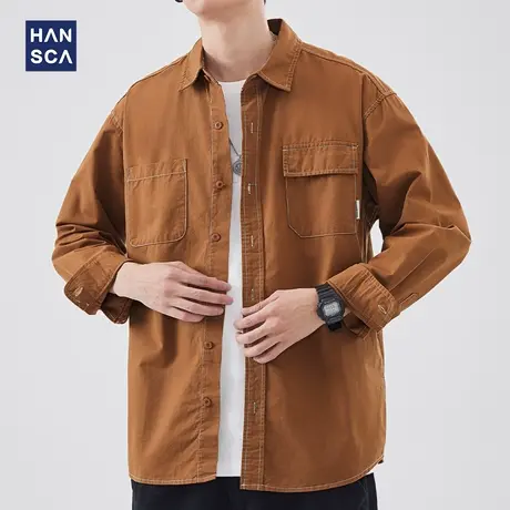 hansca春季新款美式男士衬衫长袖休闲宽松设计感高级纯棉潮牌衬衣商品大图