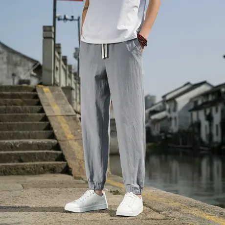 亚麻休闲裤男夏季薄款冰丝宽松束脚运动2023新款长裤子潮九分搭配商品大图