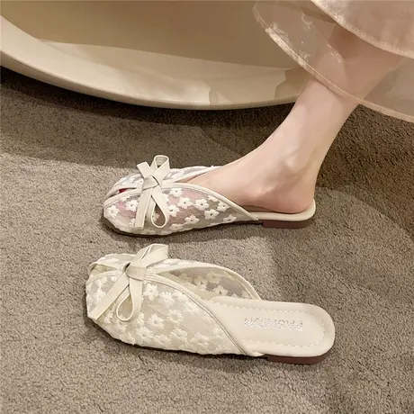 包头半拖鞋女夏季外穿2024年新款韩版蝴蝶结舒适平底软底凉拖ins商品大图