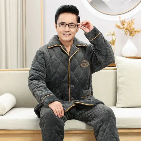 婷美睡衣男冬季珊瑚绒三层夹棉加厚加绒秋冬天中老年家居服两件套商品大图
