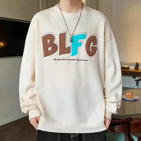 华夫格长袖t恤男春秋季宽松圆领卫衣男生秋衣潮牌潮流打底衫衣服商品大图