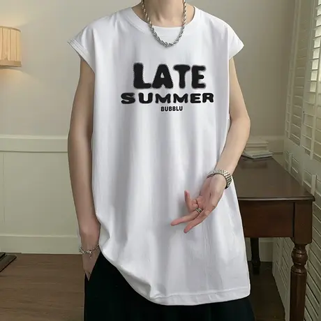 纯棉无袖t恤男夏季薄款美式宽松运动坎肩青少年字母印花宽肩背心商品大图