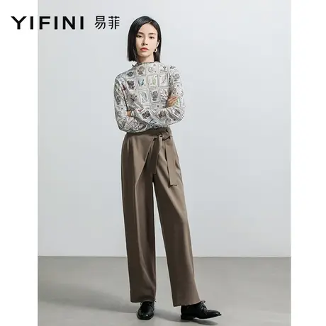 Yifini/易菲设计感休闲直筒裤女2023春秋新款遮肉显瘦长裤西裤商品大图
