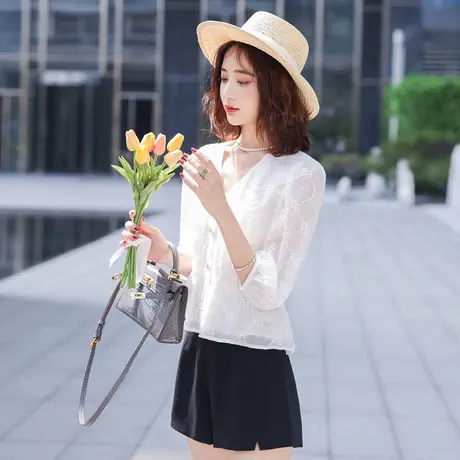 气质V领短款衬衫2022年春季新款女时尚温柔显瘦通勤百搭纯色上衣商品大图