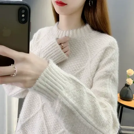 2023年秋冬新款圆领毛衣女宽松套头针织衫加厚保暖上衣女洋气外穿图片