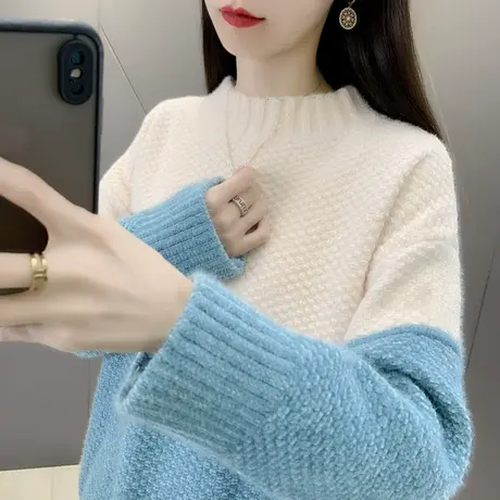 女士半高领毛衣宽松拼色套头2023秋冬新款针织衫加厚保暖外穿上衣商品大图