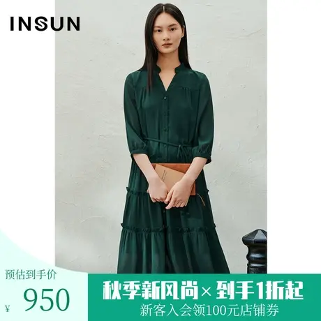 恩裳2023年夏季新款孔雀蓝缩褶层次感连衣裙女装收腰长裙图片