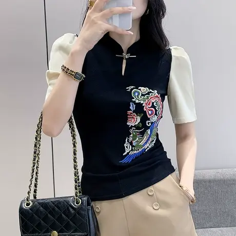 中国风女装2023新款时尚拼色T恤短袖设计感泡泡袖小衫修身上衣夏商品大图