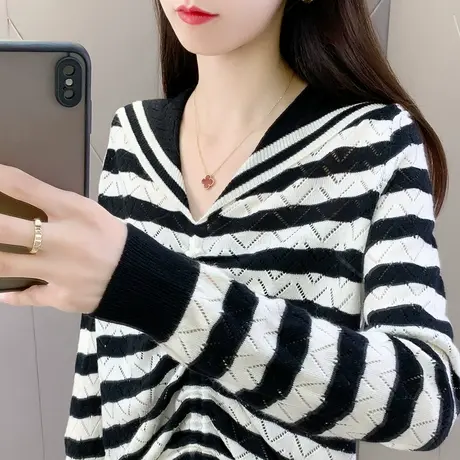 海军领镂空针织衫女洋气2023秋装新款长袖洋气显瘦抽绳系带打底衫商品大图