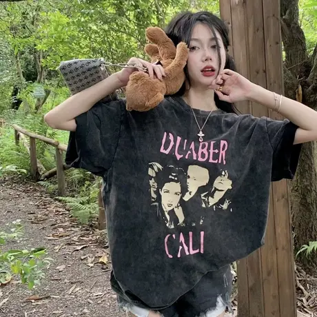 美式复古水洗做旧短袖t恤女2023夏季新款宽松小众独特别致上衣服商品大图