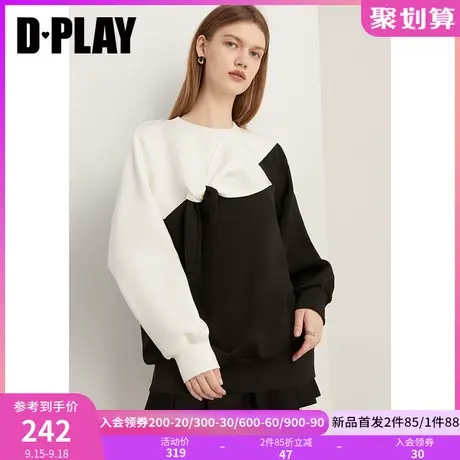 DPLAY2023秋慵懒风杏拼黑重工撞色蝴蝶结长袖宽松氛围感减龄卫衣商品大图