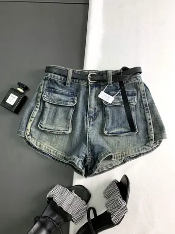 复古水洗口袋高腰牛仔短裤女2023夏季新款韩版显瘦百搭A字阔腿裤图片